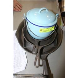 LOT OF CAST IRON PANS, AND ENAMEL POT