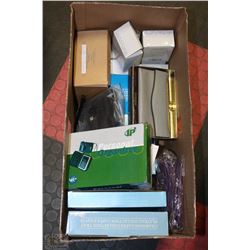BOX WITH ASSORTED AVON ITEMS INCL TRAVEL CLOCKS,