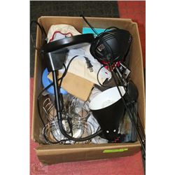BOX OF ASSORTED HOUSEHOLD INCL 2 DESK LAMPS,