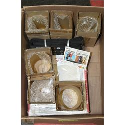 LOT OF 6 GLASS SHADES, 1 CASE OF CERAMIC TILES