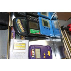 TIN BOX WITH 6 VINTAGE HAND HELD VIDEO GAMES