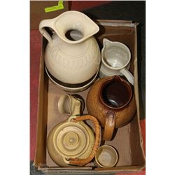 LOT OF VINTAGE POTTERY - WICKER TEA POT & 2 CUPS,