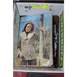 BOX WITH VINTAGE EATON'S  CATALOGUES AND MORE