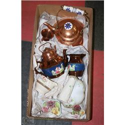 BOX W/VINTAGE COPPER & CERAMIC TEA POT