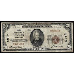 1929 $20 Lincoln National Bank of Newark New Jersey National Currency Note