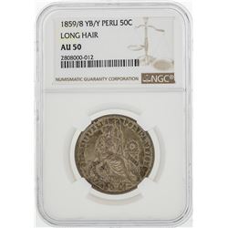 1859/8 YB/Y Peru 50 Centimos Long Hair Coin NGC AU50