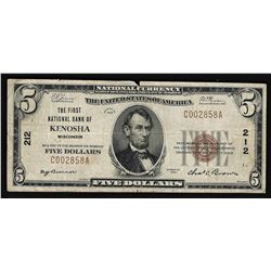 1929 $5 The First National Bank of Kenosha, WI National Currency Note