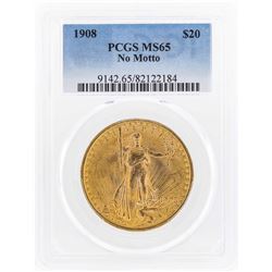 1908 NM $20 St. Gaudens Double Eagle Gold Coin PCGS MS65