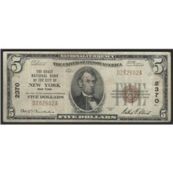 1929 $5 National Bank Note of New York New York Charter #2370