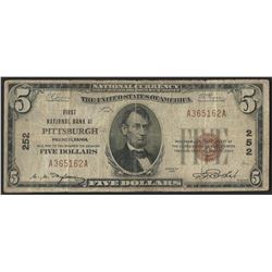1929 $5 National Bank Note of Pittsburgh Pennsylvania Charter #252