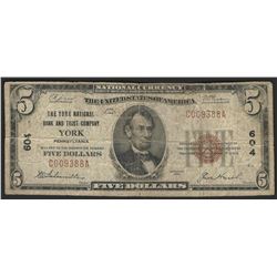 1929 $5 National Bank Note of York Pennsylvania Charter #604