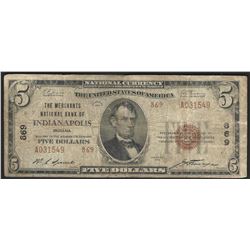 1929 $5 National Bank Note of Indianapolis Indiana Charter #869
