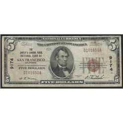 1929 $5 National Bank Note of San Francisco California Charter #9174