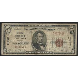 1929 $5 National Bank Note of Chicago Illinois Charter #11092