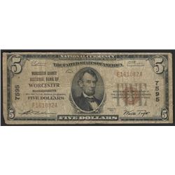 1929 $5 National Bank Note of Worchester Massachusetts Charter #7595
