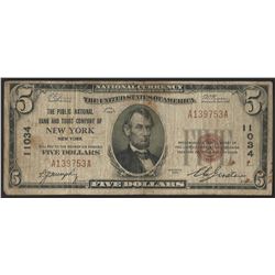 1929 $5 National Bank Note of New York New York Charter #11034