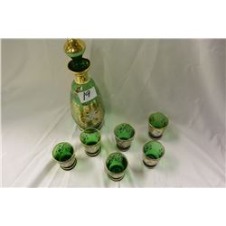 GREEN ENAMEL DECORATED DECANTER SET