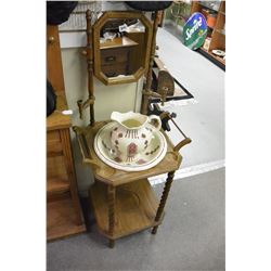 REPRODUCTION OAK WASHSTAND WITH REPRODUCTION JUG AND BOWL