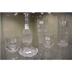 SHELF LOT OF CRYSTAL VASES DECANTER ETC.