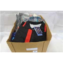 BOX OF NEW SHIRTS JACKETS AND SOCCER SOCKS