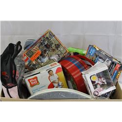 BOX OF NEW TOYS AND HOUSEWARES