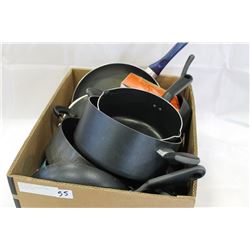 LOT OF CAST IRON AND T-FAL POTS AND PANS