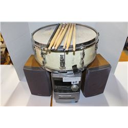 BOOKSHELF STEREO AND DRUM AND DRUMSTICKS