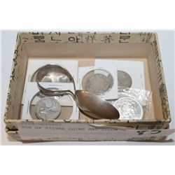 BOX OF SILVER COINS AND SPOON