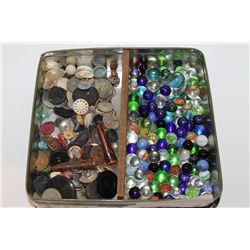 TIN OF VINTAGE MARBLES AND BUTTONS