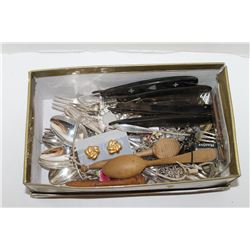 BOX OF CUTLERY JEWELLRY AND STRAIGHT RAZORS