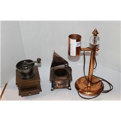 COFFEE GRINDER AND LAMP AND GRAMOPHONE