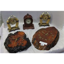 TWO BURL CLOCKS AND THREE NOVELTY QUARTZ CLOCKS