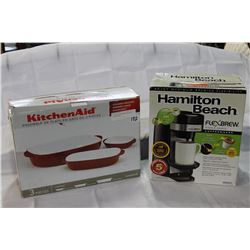 KITCHEN AID BAKEWARE AND NEW COFFEE MAKER