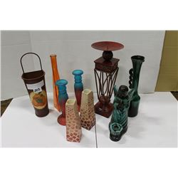 SHELF LOT OF DECORATIVE CANDLE STICKS ETC