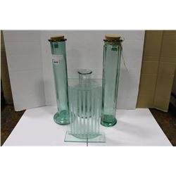 LOT OF TALL GREEN GLASS VASES