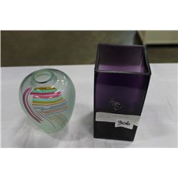 SIGNED ART GLASS VASE AND PURPLE VASE