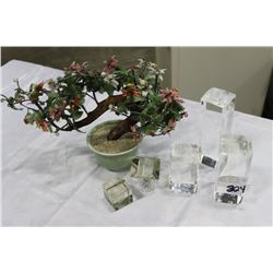 JADE TREE AND TWO CRYSTAL PAPER WEIGHTS