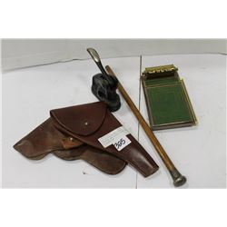 LOT OF COLLECTIBLE ITEMS HOLSTERS AND LETTER STAMP AND