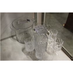 CRYSTAL DECANTER GLASSES AND PITCHER AND ICE BUCKET