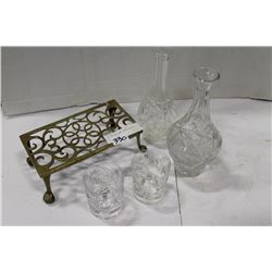 CRYSTAL WARE AND BRASS TRIVET