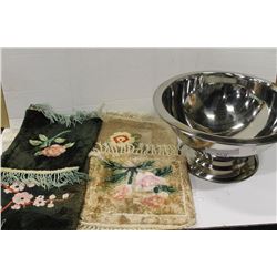 LARGE METAL BOWL AND LOT OF MATS