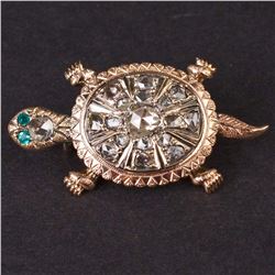 Vintage Turtle Brooch in Pink 10K Gold with Diamond and Emeralds