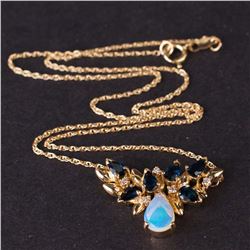 Ladies necklace in Yellow 14K Gold with diamonds, opal and saphires