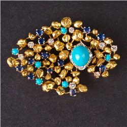 Ladies Brooch in Yellow 18K Gold with Diamonds, Turquoises and Sapphires