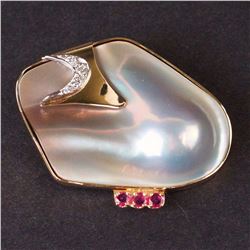 Ladies Brooch in Yellow 14K Gold with Diamonds, Rubies and Pearl
