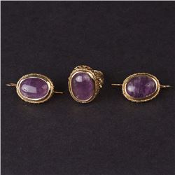 Ladies Earrings and Ring Set in Yellow 14K Gold with Amethysts