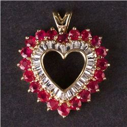Ladies Heart Pendant in Yellow 10K Gold with Diamonds and Rubies