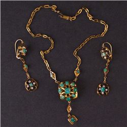 Vintage Necklace and Earrings Set in Yellow 14K Gold with Emerald and Synthetic Stones