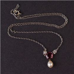 Ladies "BIRKS" Necklace in White 14K Gold with Diamonds, Garnet  and Pearl