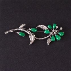Flower Brooch in White 14K Gold with Diamonds and Jades